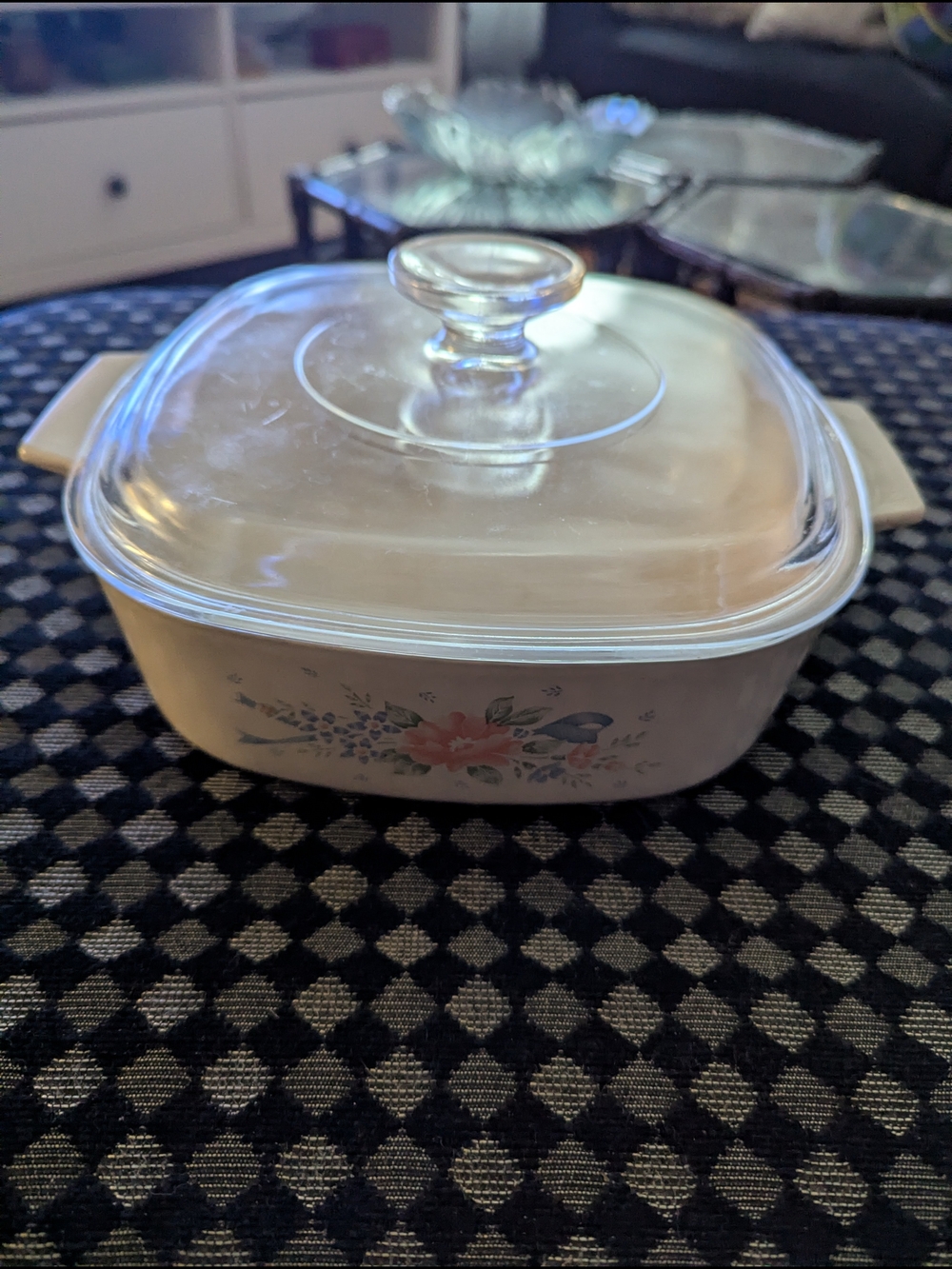 White Floral Covered Casserole Dish with Pink Flower Accent